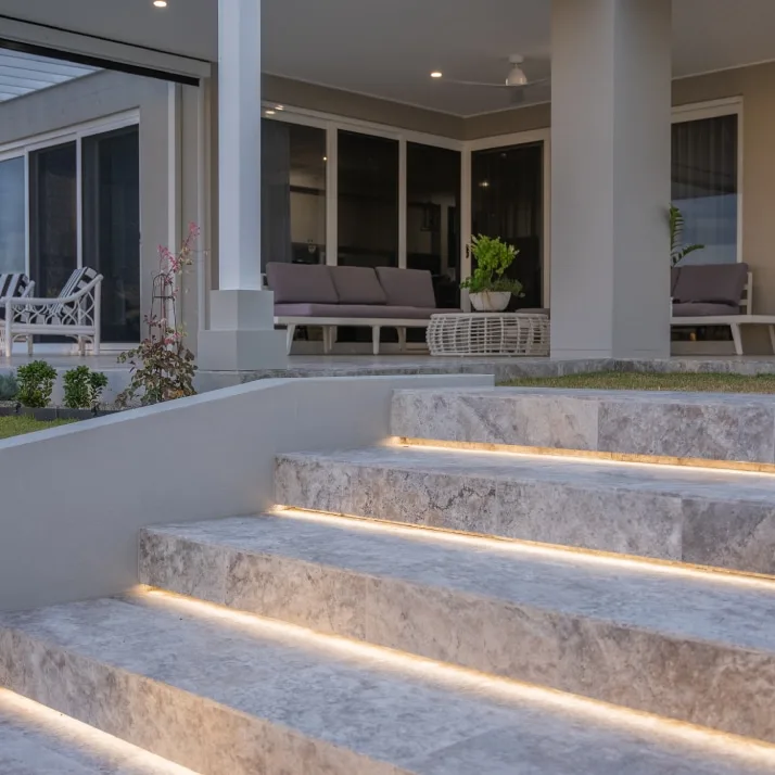 Outdoor stair lighting installed at a home entrance